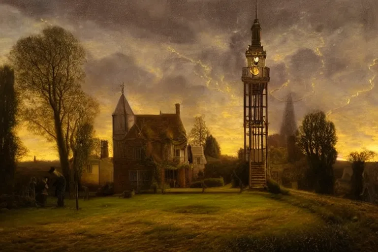 Image similar to a beautiful hyperrealistic painting of a british victorian house with a tower at night, very detailed by andrea kowch, and giovanni paolo paninni and samuel and joseph newsom