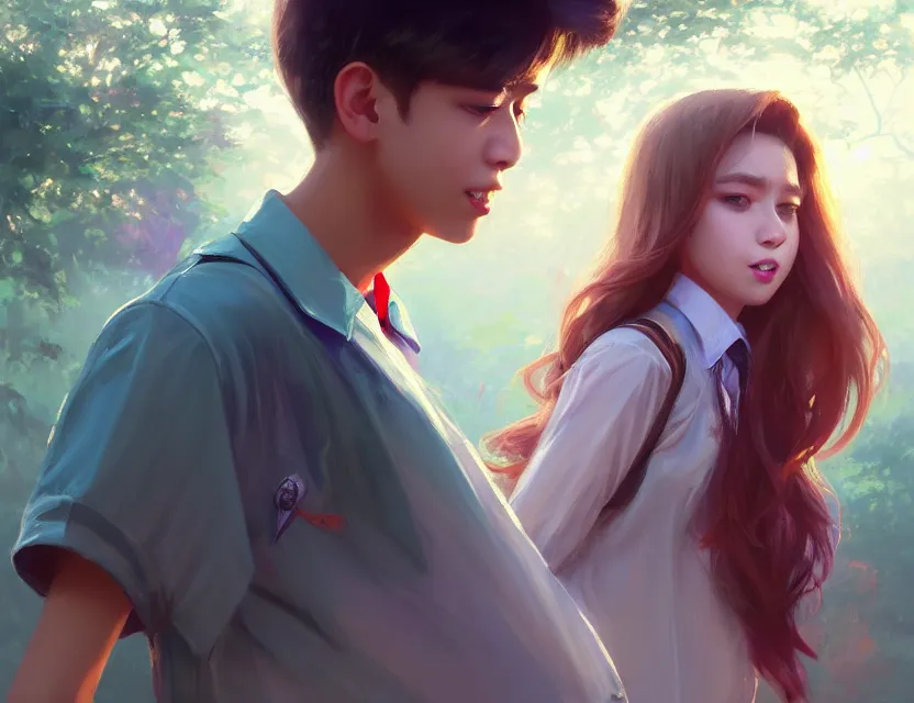 Image similar to a beautiful fashion big eye girl wear flashy dress and a handsome boy wear school uniform in festival | | sunny, dreamlike art, mist, realistic shaded, smile, good looking, fine details, 4 k realistic, cryengine, realistic shaded lighting poster by greg rutkowski, magali villeneuve, artgerm, jeremy lipkin and michael garmash and rob rey