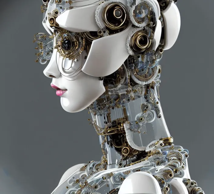 Image similar to beautiful cybernetic baroque robot, beautiful baroque porcelain face + body is clear plastic, inside organic robotic tubes and parts, symmetric, front facing, wearing translucent baroque rain - jacket + symmetrical composition + intricate details, hyperrealism, wet, reflections + by alfonse mucha and moebius, no blur dof bokeh