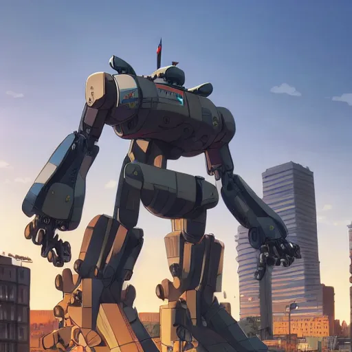 Image similar to A giant robot in the northend neighborhood at boston city in anime style highly detailed by Makoto Shinkai and Raphael Lacoste