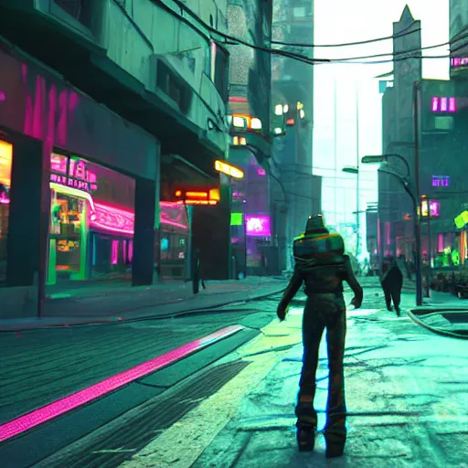 Image similar to distopian cyberpunk street, neon, photorealistic, homeless people in the streets, unreal engine 5 »