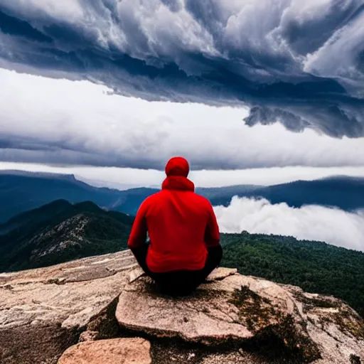 Image similar to man sitting on peak top mountain looking at huge vast sky storm tornado