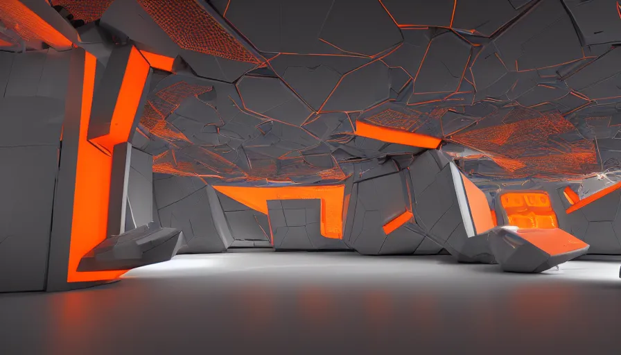 Prompt: cavern - like non - euclidian control panel room with intricate, led computer interfaces on every surface. a robot assistant is idle inside a transparent container built into the wall. orange and grey color scheme, high contrast, high detail, octane render, ray - tracing, 4 k, high quality desktop wallpaper