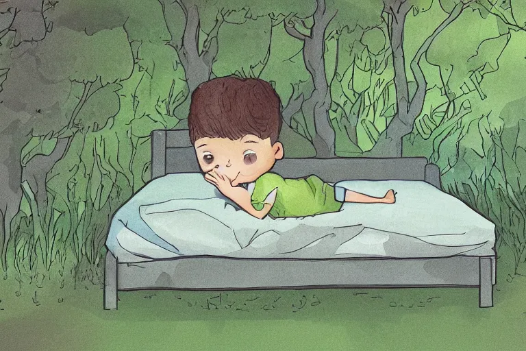 Prompt: a beautiful illustration of a little cute boy on his bed dreaming about a beautiful green forest, detailed face, beautiful colors, digital art