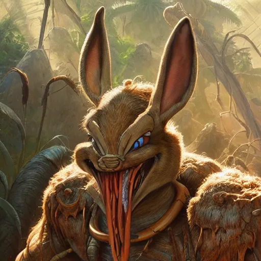 Prompt: portrait of Bugs Bunny in the movie Predator, detailed, centered, digital painting, artstation, concept art, donato giancola, Joseph Christian Leyendecker, WLOP, Boris Vallejo, Breathtaking, 8k resolution, extremely detailed, beautiful, establishing shot, artistic, hyperrealistic, octane render