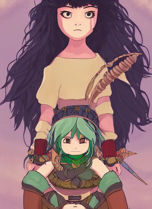 Image similar to portrait of a little warrior girl character sitting on top of a giant armored turtle in the desert, studio ghibli epic character with dark skin and beautiful green eyes, very beautiful detailed symmetrical face, long black hair, bright colors, diffuse light, dramatic landscape, fantasy illustration