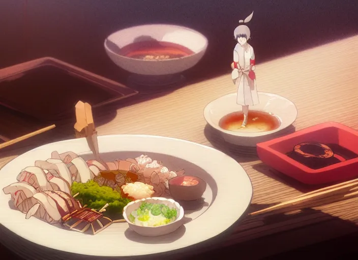 Image similar to a film still portrait of a plate with japanese food yakitori, finely detailed features, closeup at the food, perfect art, at a dinner table, gapmoe yandere grimdark, trending on pixiv fanbox, painted by greg rutkowski makoto shinkai takashi takeuchi studio ghibli, akihiko yoshida