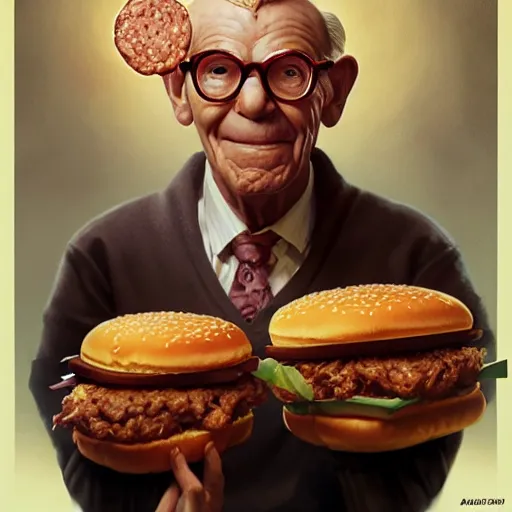 Prompt: portrait of george burns eating hamburgers, extra onions and ketchup, luscious patty with sesame seeds, feminine ethereal, handsome, d & d, fantasy, intricate, elegant, highly detailed, digital painting, artstation, concept art, matte, sharp focus, illustration, art by artgerm and greg rutkowski and alphonse mucha