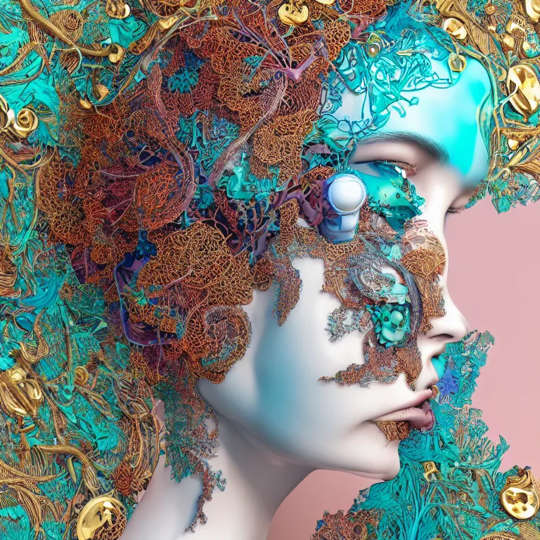 Prompt: cinema 4d colorful render, organic, ultra detailed, of a beautiful dark porcelain human face, translucid. biomechanical cyborg, analog, macro lens, beautiful natural soft rim light, big leaves and stems, roots, fine foliage lace, turquoise gold details, Alexander Mcqueen high fashion haute couture, art nouveau fashion embroidered, intricate details, mesh wire, mandelbrot fractal, anatomical, facial muscles, cable wires, elegant, hyper realistic, in front of dark flower pattern wallpaper, ultra detailed, 8k post-production