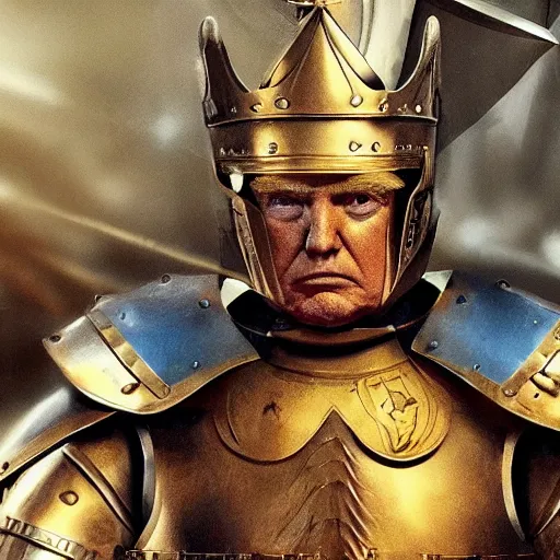 Prompt: cinematic front shot, two arms, two legs, two knights gauntlets, donald trump as a knight, shinning armor, knights armor, donald trumps sexy face, intimidating pose, donald trump wearing a crown, donald trumps heroic face, by hans thoma