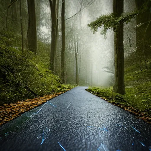 Prompt: drone fottage of an old road in the forest lomography photo, playstation 5 screenshot, fine details, rain, rtx reflections, fog, night, photorealistic, unreal engine, octane render, volumetric light, featured on cg society, 4 k, 5 0 mm bokeh