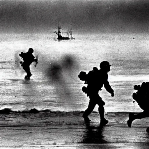 Prompt: the running soldiers in the sea in the d - day, by robert capa,