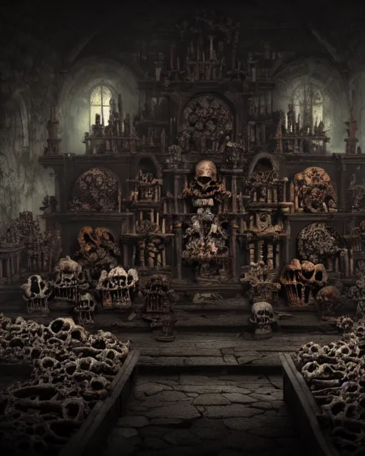 Image similar to full color, low ultrawide interior shot of sedlec ossuary, bones, anime style mixed with fujifilm, dark, foggy, atmospheric, artstation, cgsociety, octane render, cgi, denoise, detailed, cinematic masterpiece