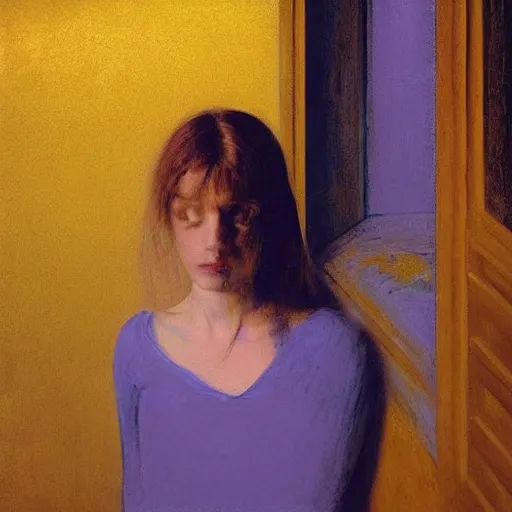Image similar to close up of a girl in a blue and gold haunted liminal abandoned room, film still by edward hopper, by gottfried helnwein, by klimt, art noveau, highly detailed, strong lights, liminal, eerie, bright pastel colors,