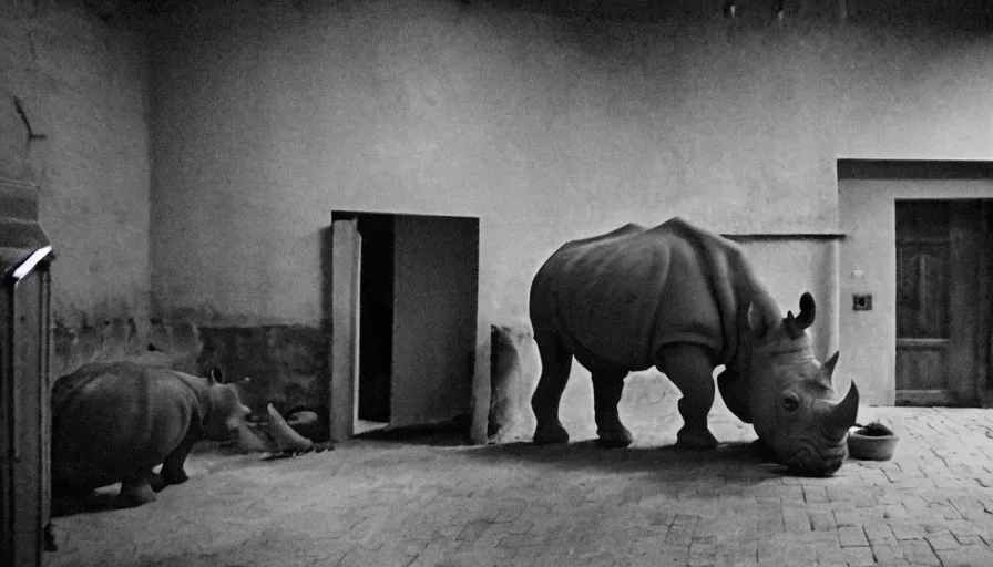 Prompt: a rhinoceros in a burning stalinist style kitchen, mini dv camera found footage, very very low quality picture, heavy grain, caught on security camera, heavy jpeg artifact, night vision very blurry, caught on trail cam, 1 4 4 p, ultra wide lens