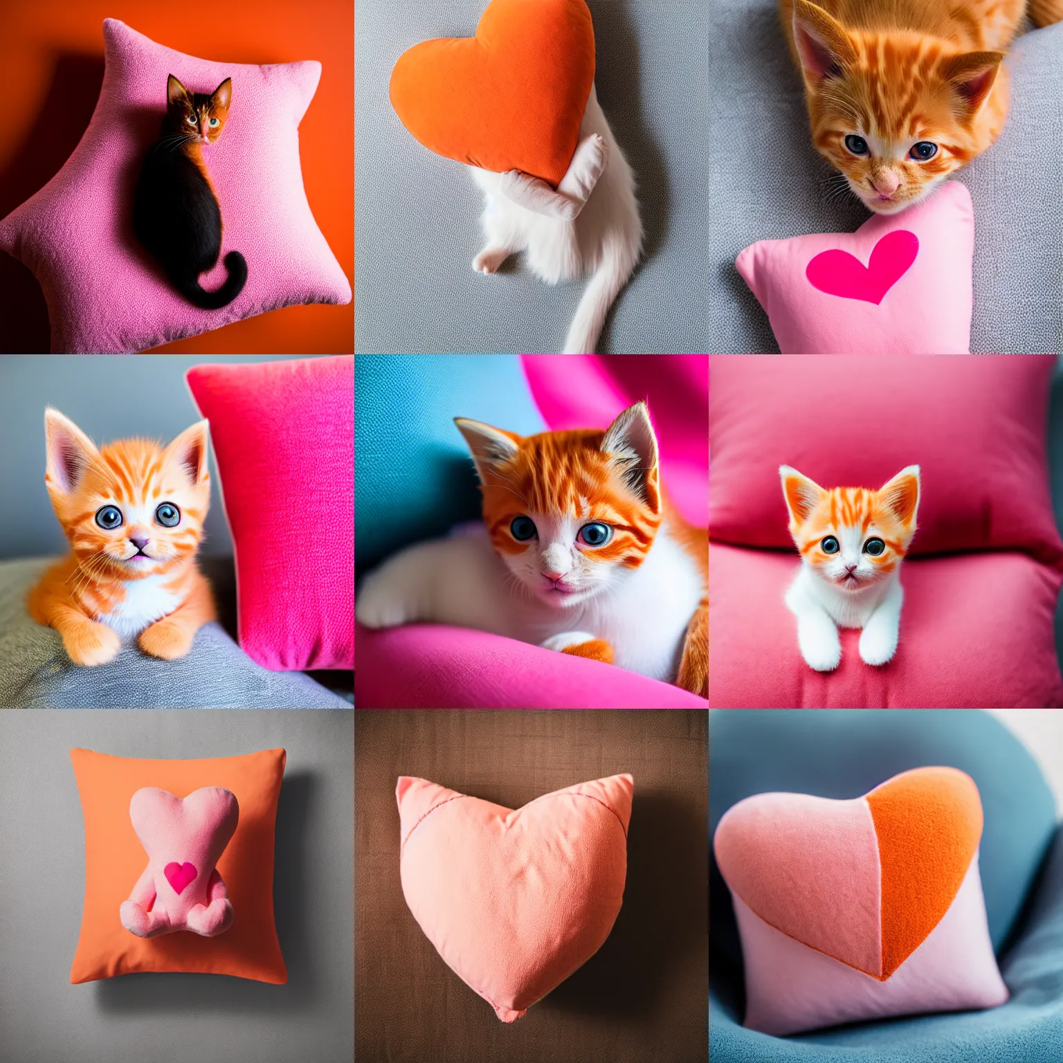 Prompt: A cute little orange kitten sits on a plush pink heart-shaped pillow, Canon EOS R3, f/1.4, ISO 200, 1/160s, 8K, RAW, unedited, symmetrical balance, in-frame