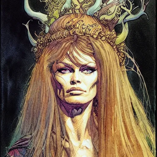 Image similar to a realistic and atmospheric watercolour fantasy character concept art portrait of brigitte bardot as a druidic warrior wizard looking at the camera with an intelligent gaze by rebecca guay, michael kaluta, charles vess and jean moebius giraud