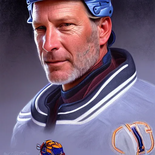 Image similar to beautiful portrait of Clint Malarchuk as a hockey coach, fantasy, intricate, elegant, highly detailed, digital painting, artstation, concept art, smooth, sharp focus, luxury fashion illustration, art by artgerm and greg rutkowski and alphonse mucha, brightly lit cinematic soft lighting, photorealistic