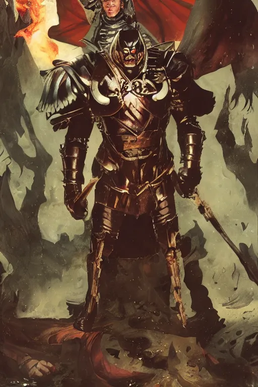 Prompt: huge gunter schlierkamp as demon king wearing cape and black armour, alex ross, jack kirby, sergey kolesov, jason fabok, lawrence alma tadema, norman rockwell, greg staples, rick berry, jeremy mann