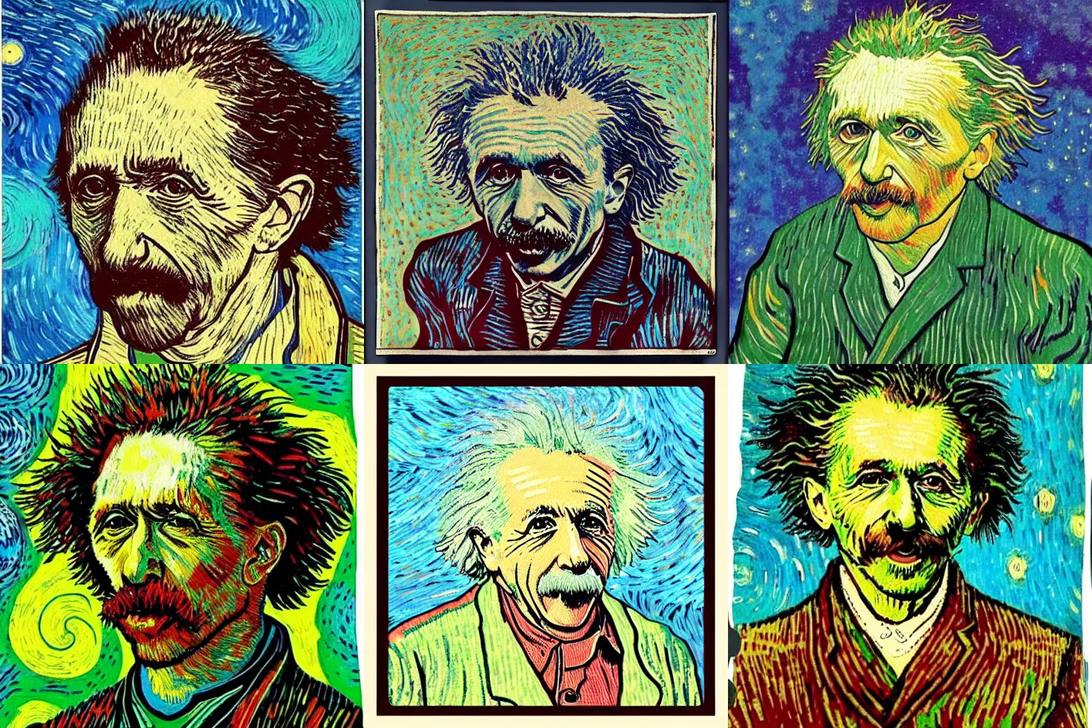 Prompt: “Happy Einstein with acid blotter paper on tongue, Van Gogh style”