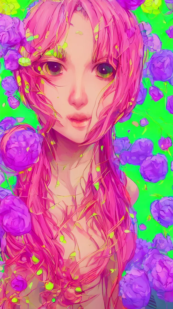 Prompt: portrait of a girl dancing in a field full of fluo flowers, detailed, elegant, highly detailed, artstation, concept art, illustration, sharp focus, anime, art by GA IS,