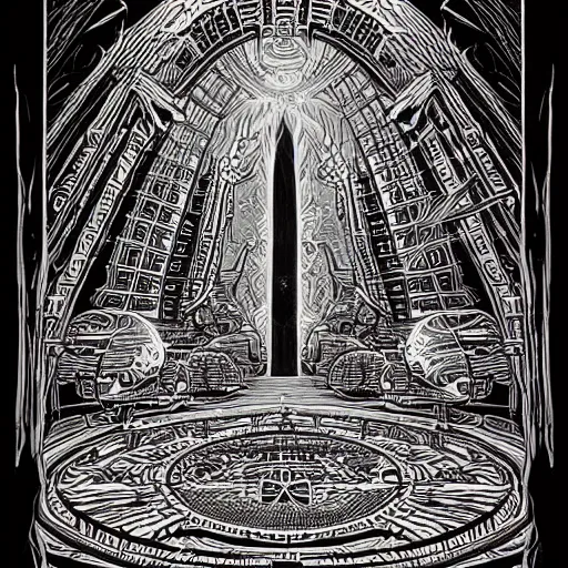 Image similar to demonic portal to hell by Dan Mumford. Stargate. Very detailed intricate linework