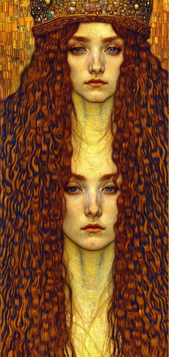 Image similar to detailed realistic beautiful young medieval queen face portrait by jean delville, gustav klimt and vincent van gogh, art nouveau, symbolist, visionary, gothic, pre - raphaelite, muted earthy colors, desaturated