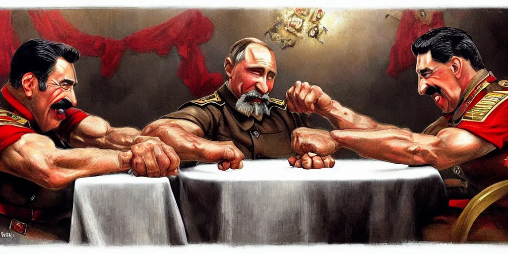 Image similar to arm wrestling between ( ( vladimir putin ) ) and ( ( iosif stalin ) ), hyperrealistic, digital concept art, caricature illustration, art by gaston bussiere
