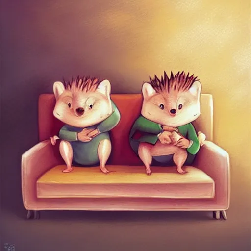 Image similar to two cute adorable hedgehogs, sitting together on a couch, romantic, shy hedgehog, blushing, waving, smiling, cute, hedgehog, by cyril rolando