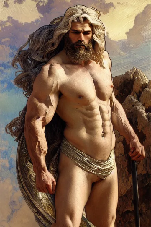 Image similar to painted portrait of rugged zeus, god of thunder, greek god, white hair, masculine, mature, handsome, upper body, flowy robe, muscular, hairy torso, fantasy, intricate, elegant, highly detailed, digital painting, artstation, concept art, smooth, sharp focus, illustration, art by gaston bussiere and alphonse mucha