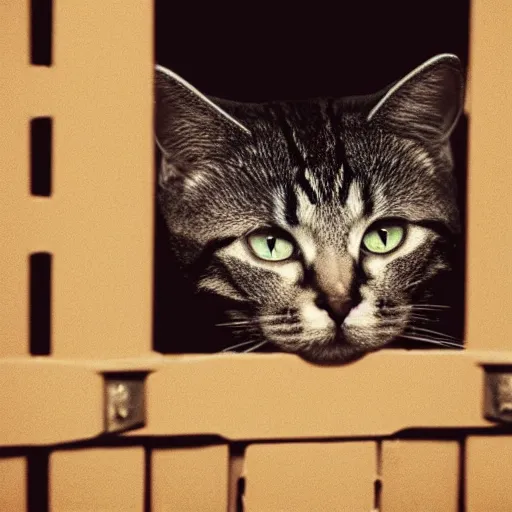 Image similar to cat in an american prison cell, sad face, handcuffed