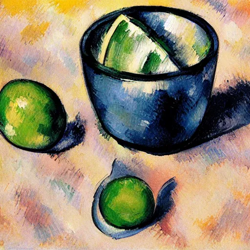 Image similar to painting of an ice cube and a lime slice in dark background, by Paul Cézanne.