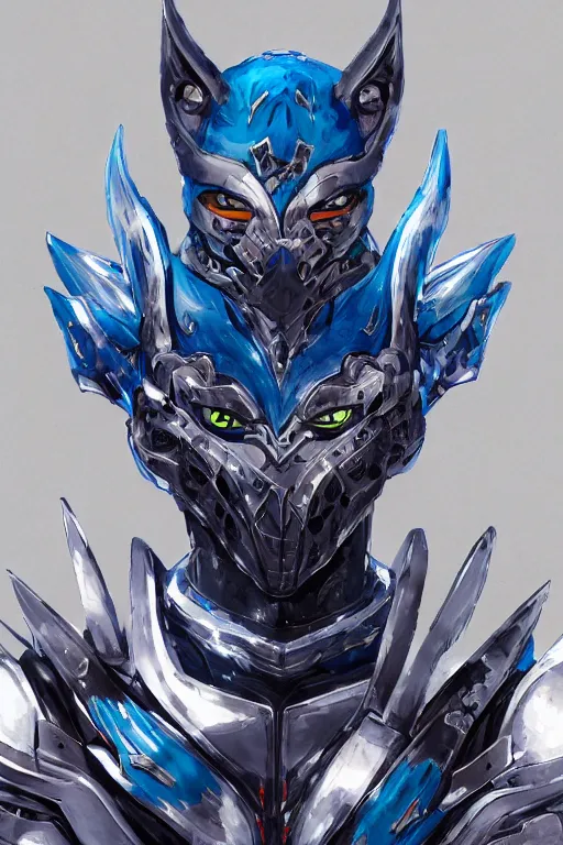 Image similar to concept art, anime portrait of a ninja cyborg warrior wearing an intricate azure wolf themed armor by Masamune Shirow, Stanley Artgerm Lau, WLOP, Rossdraws, James Jean, Andrei Riabovitchev, Marc Simonetti, and Sakimichan, trending on artstation