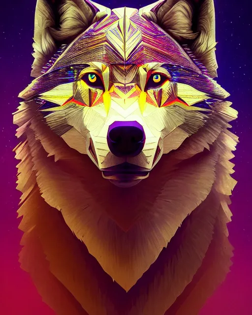 Image similar to highly detailed surreal vfx portrait of a metallic chromatic geometric tribal wolf, behance, stephen bliss, unreal engine, greg rutkowski, loish, rhads, beeple, makoto shinkai and lois van baarle, ilya kuvshinov, rossdraws, tom bagshaw, alphonse mucha, global illumination, detailed and intricate environment