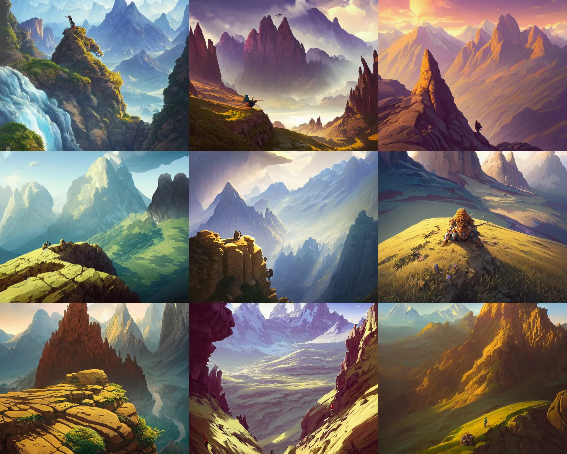 Prompt: mountain landscape without people, extreme view angle, deep focus, fantasy, intricate, elegant, highly detailed, digital painting, artstation, concept art, matte, sharp focus, illustration, hearthstone, art by rhads and artgerm and greg rutkowski and alphonse mucha.