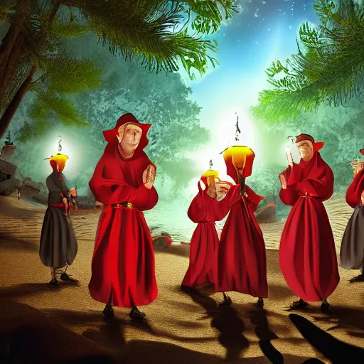 Image similar to A group of Spanish inquisitors holding lanterns on a sandy beach Cove in middle of a magical forest in night, detailed digital art