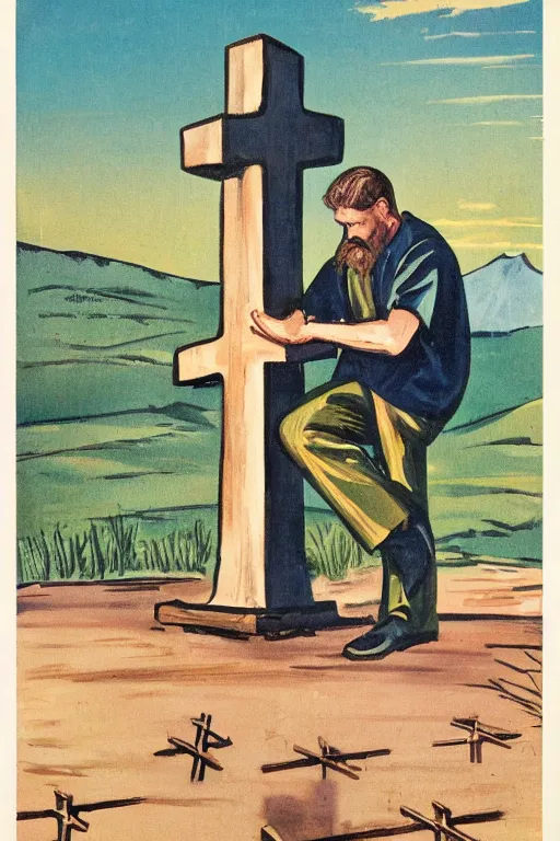 Image similar to man kneeling at the base of a wooden cross, 1960’s advertising art illustration