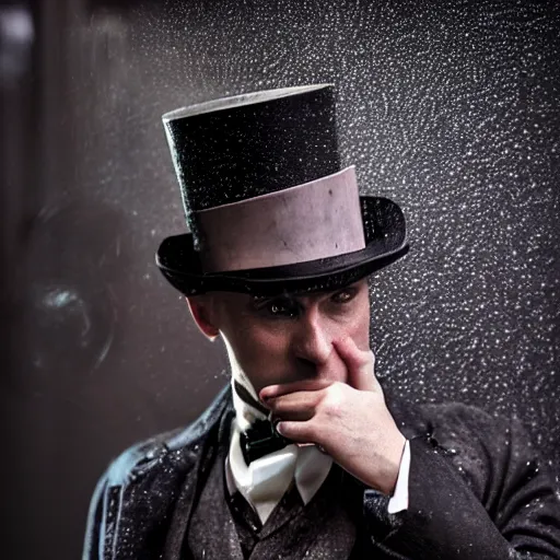 Image similar to cinestill 5 0 d candid photographic portrait by david cronenberg of baroque steampunk cyborg gentleman wearing an edwardian suit and top hat, modern cyberpunk moody emotional cinematic, closeup, pouring rain menacing lights shadows, 8 k, hd, high resolution, 3 5 mm, f / 3 2, ultra realistic faces, ex machina