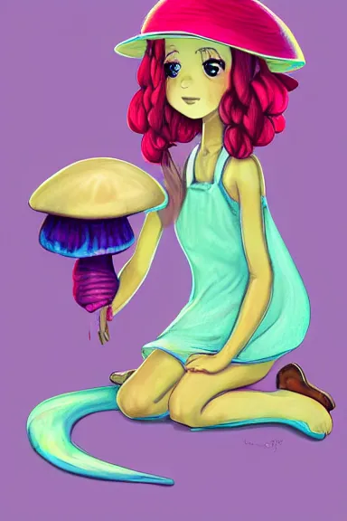 Prompt: a beautiful little girl wearing a mushroom hat in dress sitting on her bed with a slime in her lap | | purple hair with braids, pretty face, fine details, art by jasper ejsing and lois van baarle, trending on pixiv, anatomically correct, perfect composition, symmetrical, fascinated