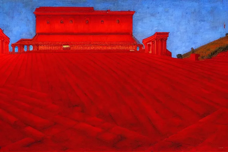 Image similar to only with red, a red great emperor, taormina amphitheatre, expressive crowd hails him, in the style of beksinski, parts by edward hopper, parts by rodcenko, parts by yue minjun, intricate and epic composition, red by caravaggio, insanely quality, highly detailed, masterpiece, red light, artstation, 4 k