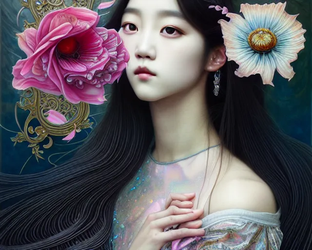 Image similar to jisoo from blackpink, portrait, rococo and art nouveau fusion, iridescent diaphanous refractive and reflective flower bouquet, tarot card, hyperrealistic, highly detailed, deep focus, intricate, elegant, digital painting, smooth, sharp focus, illustration, ultra realistic, 8 k, art by karol bak and agnes cecile