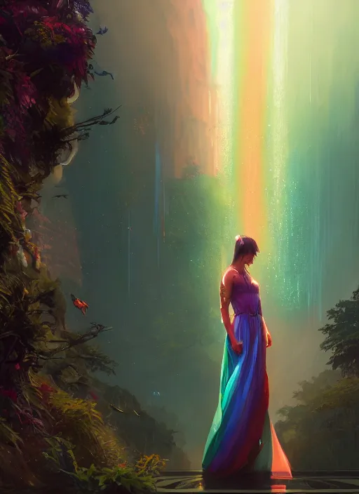 Image similar to highly detailed rainbow gown in gta v, stephen bliss, unreal engine, fantasy art by greg rutkowski, loish, rhads, ferdinand knab, makoto shinkai and lois van baarle, ilya kuvshinov, rossdraws, tom bagshaw, global illumination, radiant light, detailed and intricate environment