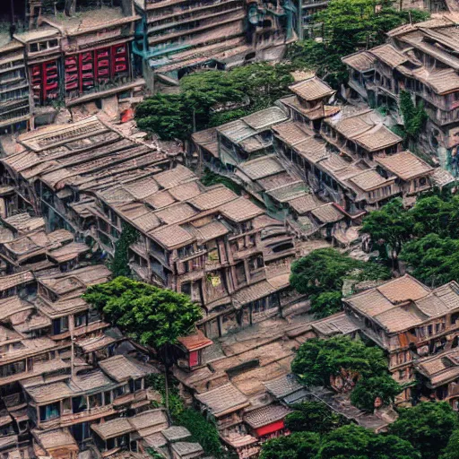 Prompt: tilt shift photo of a kowloon walled city in 2060s, DSLR