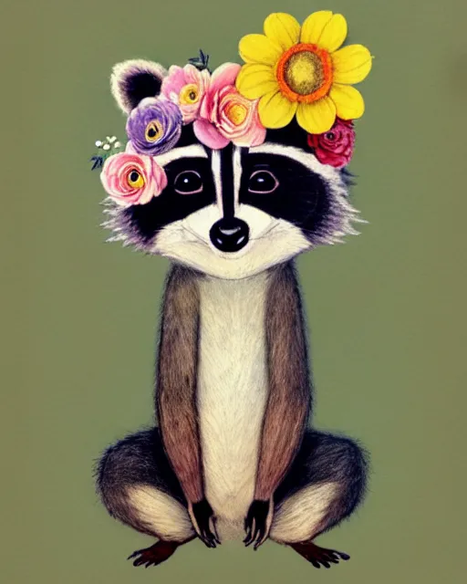 Image similar to a watecolor painting of a smiling happy cute raccoon wearing a flower crown, by antoine de saint - exupery and annabel kidston and naomi okubo and jean - baptiste monge. a child storybook illustration, muted colors, soft colors, low saturation, fine lines, white paper