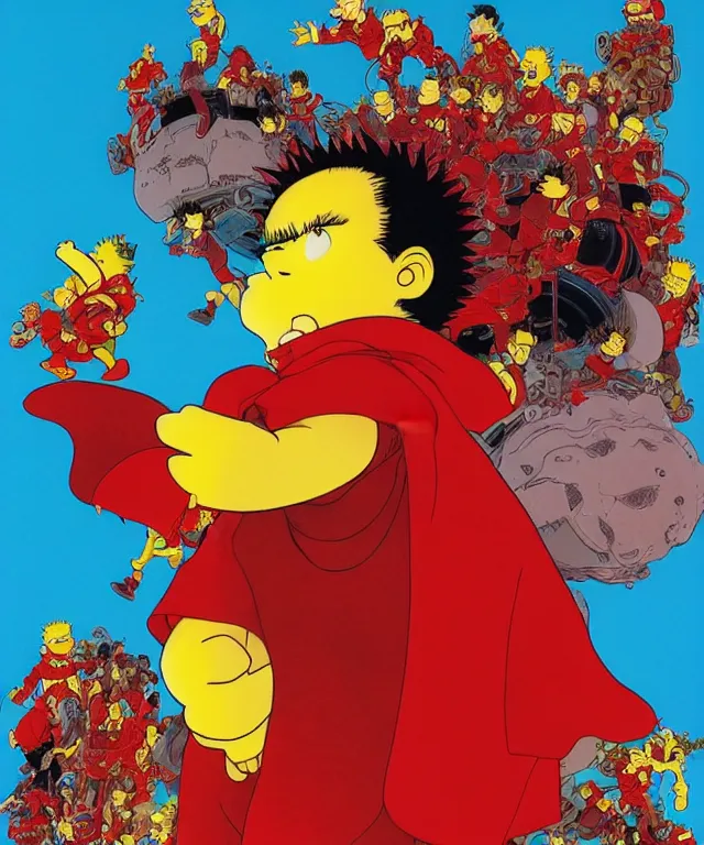 Prompt: katsuhiro otomo, bart simpson with red cape from akira, vibrant colors and hard shadows and strong rim light, comic cover art, plain background, trending on artstation, in the style of katsuhiro otomo greg rutkowski alphonse mucha