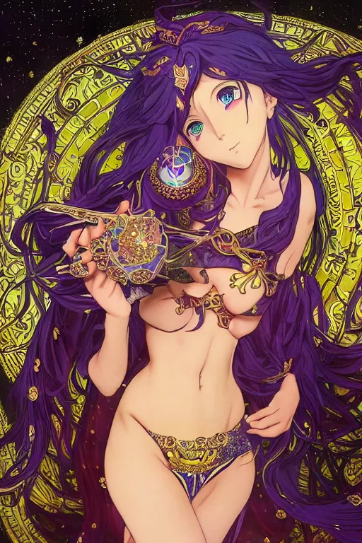 Prompt: psychedelic, intricate, highly detailed, anime, 4k, a beautiful seductive lucina from fire emblem holding a crystal containing the universe, with professional makeup, long trippy hair, surrounded by gems, underneath the stars, trending on patreon, deviantart, twitter, artstation, volumetric lighting, heavy contrast, by artgerm and Ilya Kuvshinov and alphonse mucha