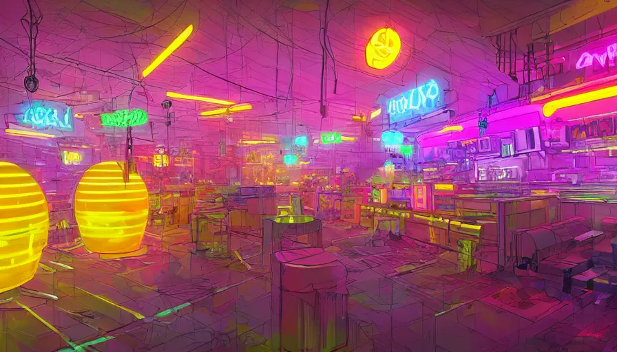 Prompt: concept art for a cyberpunk beehive, interior design, bright colors, neon signs