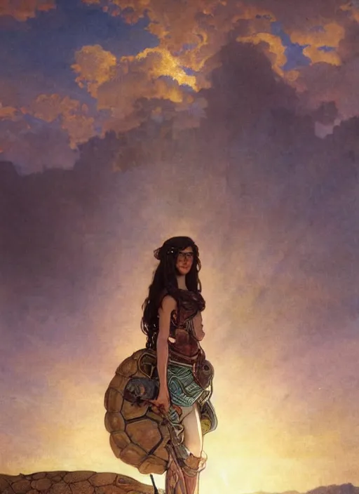 Image similar to a little warrior girl standing on top of one giant turtle in the desert. the girl has dark skin and beautiful green eyes, realistic full body and a very beautiful detailed symmetrical face with long black hair. diffuse light, dramatic sky and landscape, long shot fantasy illustration by mucha