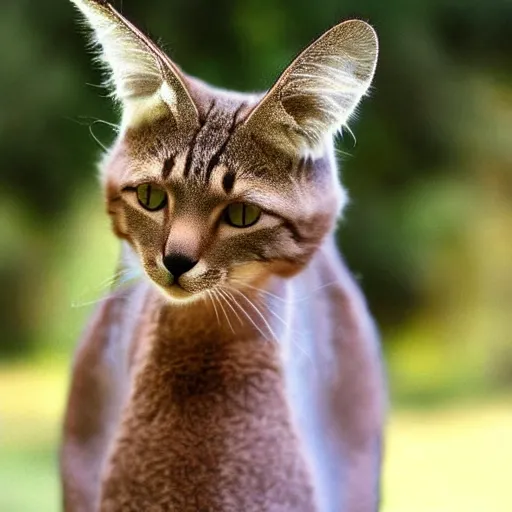 Image similar to a feline kangaroo - cat - hybrid, animal photography