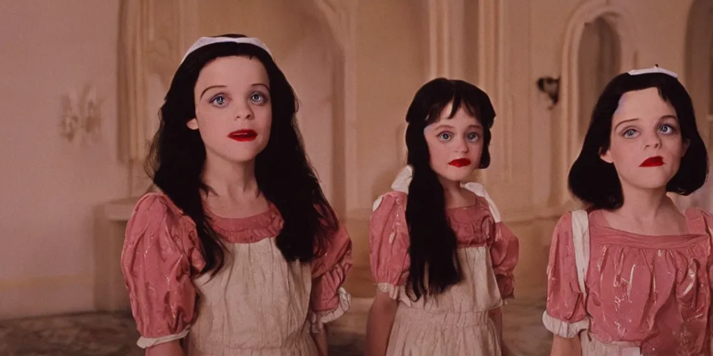 Image similar to a still from Snow White of the twins from The Shining, overlook hotel